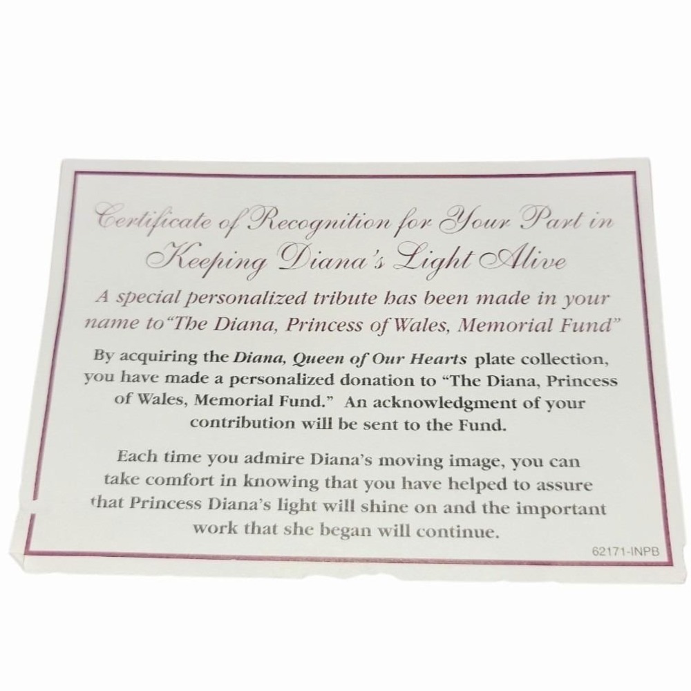 1997 Bradford Exchange The People's Princess Diana Queen Of Our Hearts Plate COA - Picture 5 of 5